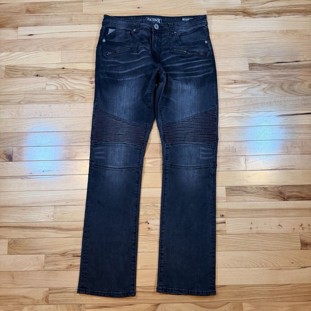 Y2K Men's Buckle Salvage Mayhem Straight Black Jeans Size 34L Zipper Pockets